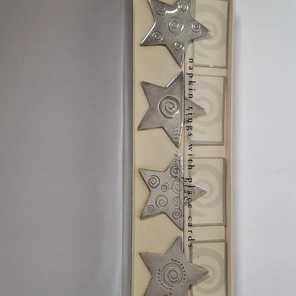 Pier One Star Napkin Rings 4 silver plate with 5 place card holders In box - Picture 4 of 12